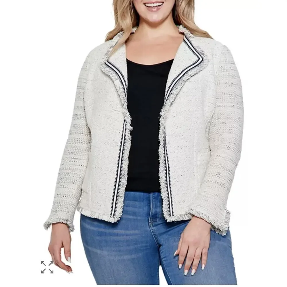 VGUC NIC+ZOE Plus Ribbon Trim Fringe Jacket Cream Navy Waffle size 3X READ - Picture 1 of 14